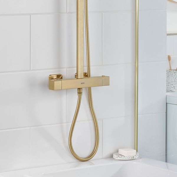 Bristan Qubo Brushed Brass Thermostatic Rigid Riser Diverter Bar Valve Shower Kit #2