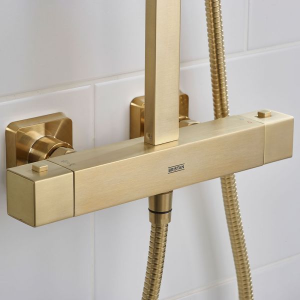 Bristan Qubo Brushed Brass Thermostatic Rigid Riser Diverter Bar Valve Shower Kit #4