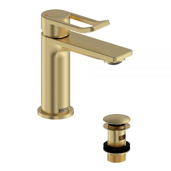 Bristan Saffron Eco Start Brushed Brass Mini Basin Mixer Tap with Clicker Waste #2