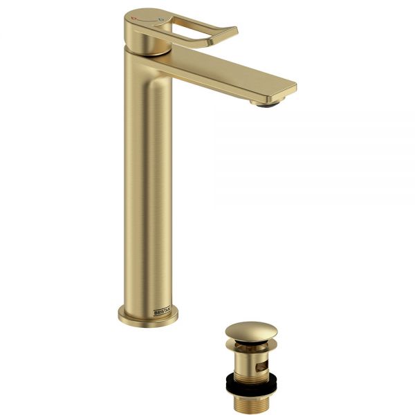 Bristan Saffron Eco Start Brushed Brass Tall Basin Mixer Tap with Clicker Waste #2