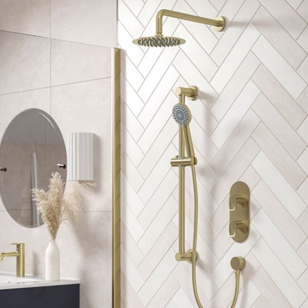 Bristan Saffron Brushed Brass 2 Outlet Shower Pack with Overhead Shower and Riser Rail Kit #2