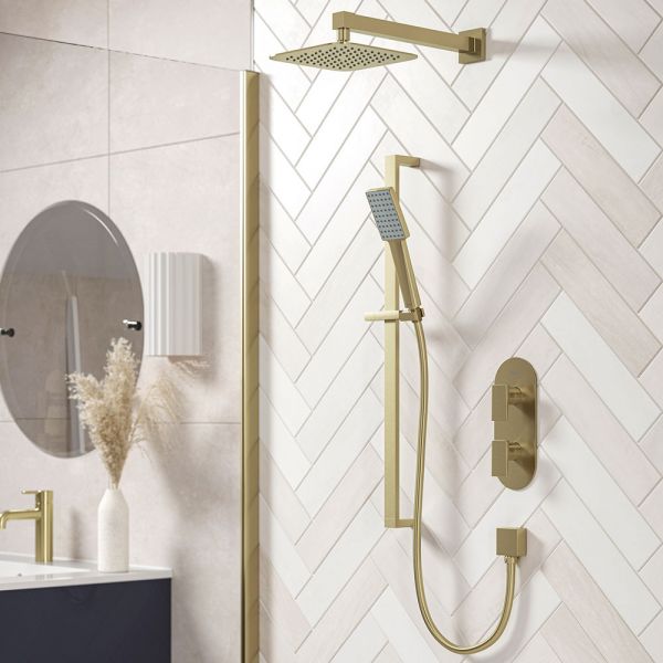 Bristan Tangram Brushed Brass 2 Outlet Shower Pack with Overhead Shower and Riser Rail Kit #2