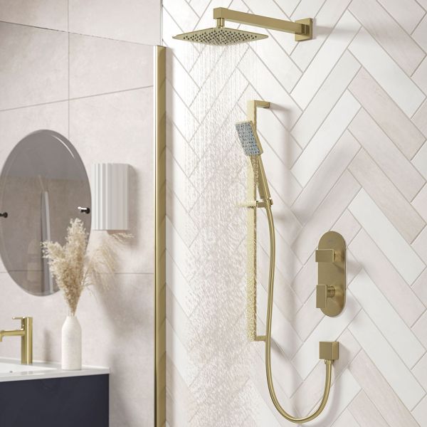 Bristan Tangram Brushed Brass 2 Outlet Shower Pack with Overhead Shower and Riser Rail Kit #3