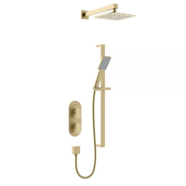 Bristan Tangram Brushed Brass 2 Outlet Shower Pack with Overhead Shower and Riser Rail Kit