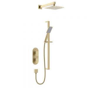 Bristan Tangram Brushed Brass 2 Outlet Shower Pack with Overhead Shower and Riser Rail Kit