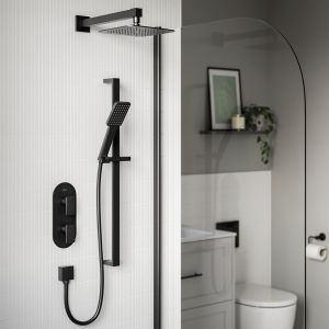 Bristan Tangram Matt Black 2 Outlet Shower Pack with Overhead Shower and Riser Rail Kit