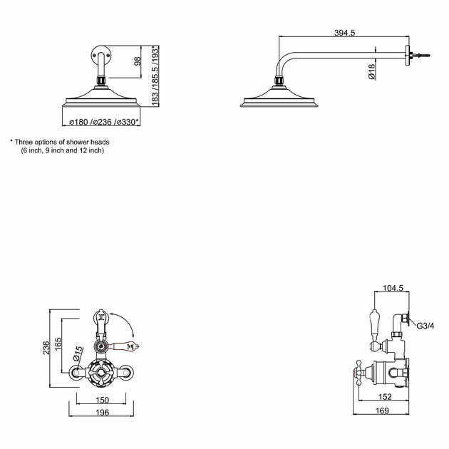 Burlington Avon Thermostatic Single Outlet Exposed Shower Valve and 6