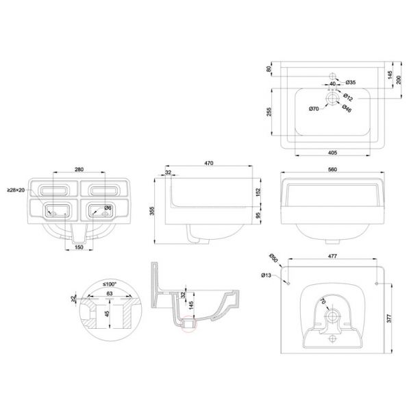 Burlington 560mm Wall Hung Upstand Basin B1 UP 1TH #2