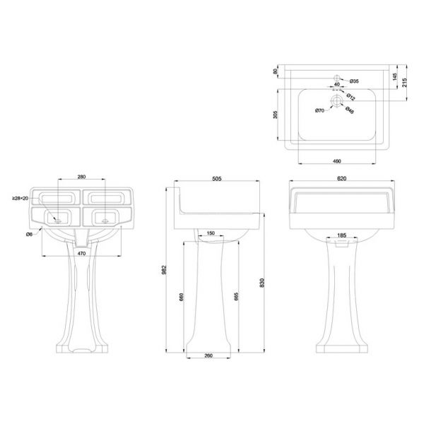 Burlington 610mm Upstand Basin and Pedestal B2 UP 1TH #2