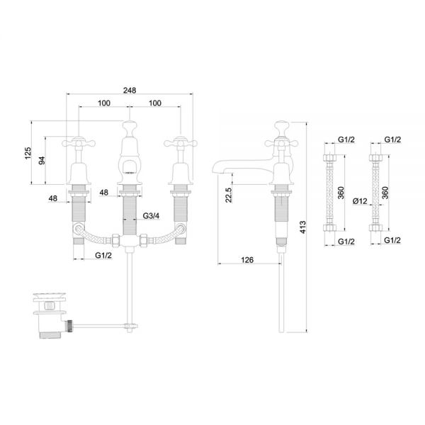 Burlington Claremont Brushed Nickel Deck Mounted 3 Hole Basin Mixer Tap with Pop Up Waste #2