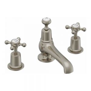 Burlington Claremont Brushed Nickel Deck Mounted 3 Hole Basin Mixer Tap with Pop Up Waste