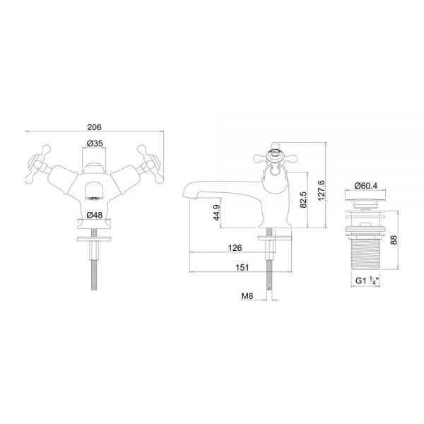 Burlington Claremont Brushed Nickel Mono Basin Mixer Tap with Sprung Plug Waste #2