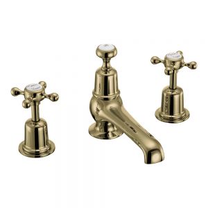 Burlington Claremont Gold Deck Mounted 3 Hole Basin Mixer Tap with Pop Up Waste