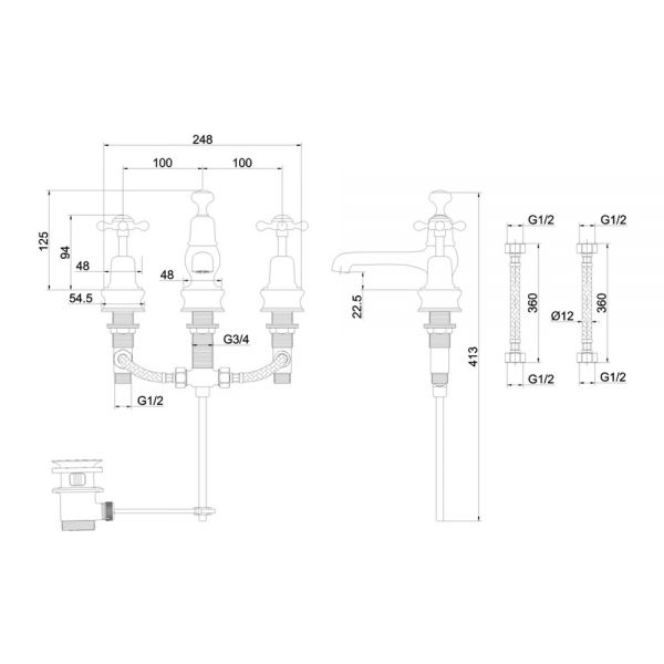 Burlington Claremont Regent Brushed Nickel Deck Mounted 3 Hole Basin Mixer Tap with Pop Up Waste #2