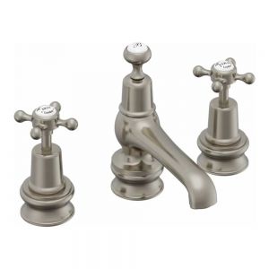 Burlington Claremont Regent Brushed Nickel Deck Mounted 3 Hole Basin Mixer Tap with Pop Up Waste