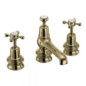 Burlington Claremont Regent Gold Deck Mounted 3 Hole Basin Mixer Tap with Pop Up Waste
