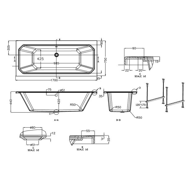 Burlington Arundel Cleargreen 1700 x 750 Double Ended Bath #2