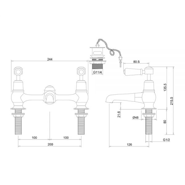 Burlington Kensington Chrome H Type Basin Mixer Tap with Plug and Chain Waste and Walnut Levers #2