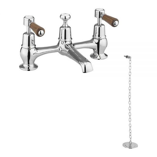 Burlington Kensington Chrome H Type Basin Mixer Tap with Plug and Chain Waste and Walnut Levers