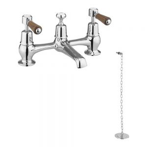 Burlington Kensington Chrome H Type Basin Mixer Tap with Plug and Chain Waste and Walnut Levers