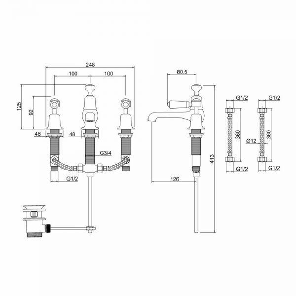 Burlington Kensington Chrome Deck Mounted 3 Hole Basin Mixer Tap with Pop Up Waste #2