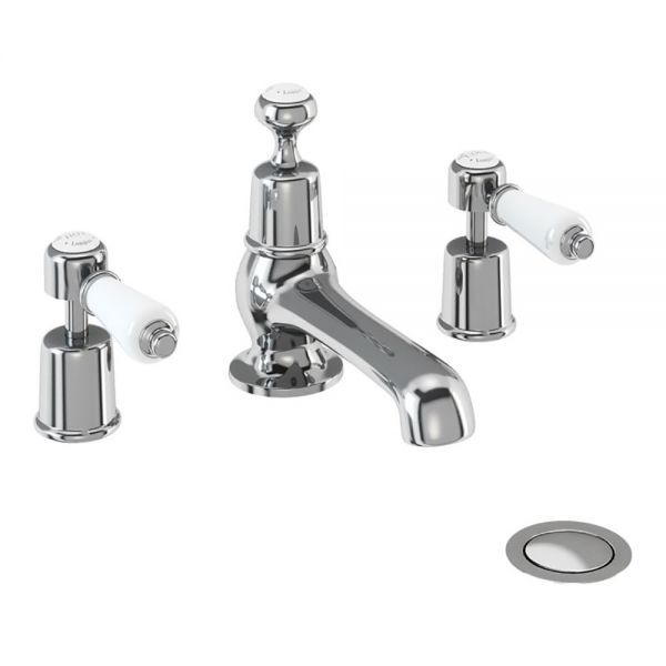 Burlington Kensington Chrome Deck Mounted 3 Hole Basin Mixer Tap with Pop Up Waste