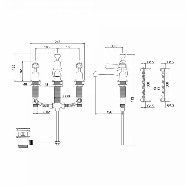Burlington Kensington Chrome Deck Mounted 3 Hole Basin Mixer Tap with Pop Up Waste and Walnut Levers #2