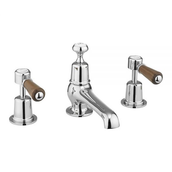 Burlington Kensington Chrome Deck Mounted 3 Hole Basin Mixer Tap with Pop Up Waste and Walnut Levers