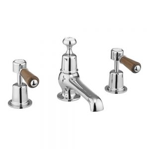 Burlington Kensington Chrome Deck Mounted 3 Hole Basin Mixer Tap with Pop Up Waste and Walnut Levers
