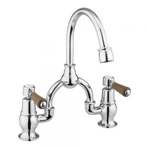 Burlington Kensington Chrome Bridge Basin Mixer Tap with Curved Spout and Walnut Levers
