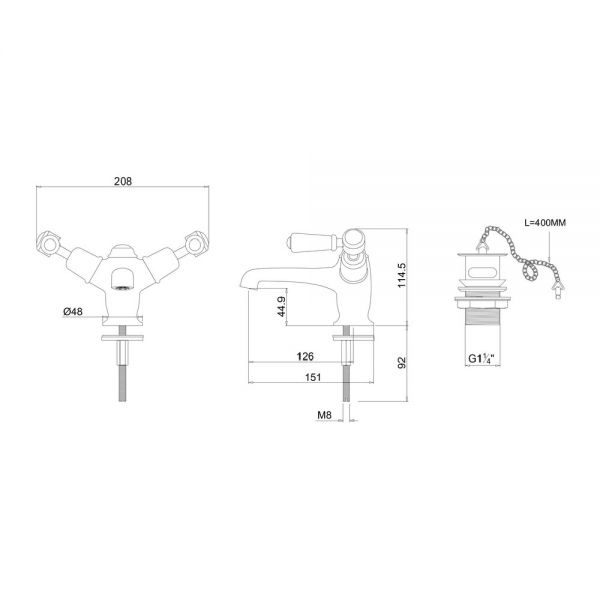 Burlington Kensington Chrome Mono Basin Mixer Tap with Plug and Chain Waste and Walnut Levers #2