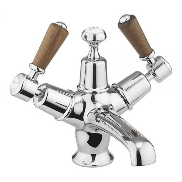 Burlington Kensington Chrome Mono Basin Mixer Tap with Plug and Chain Waste and Walnut Levers