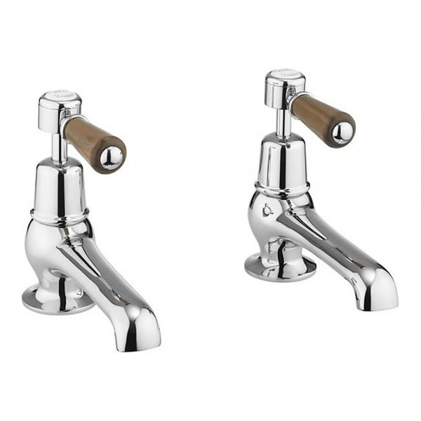 Burlington Kensington Chrome Basin Pillar Taps with Walnut Levers