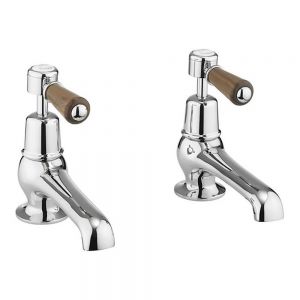 Burlington Kensington Chrome Bath Pillar Taps with Walnut Levers