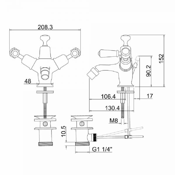 Burlington Kensington Chrome Mono Bidet Mixer Tap with Pop Up Waste and Walnut Levers #2