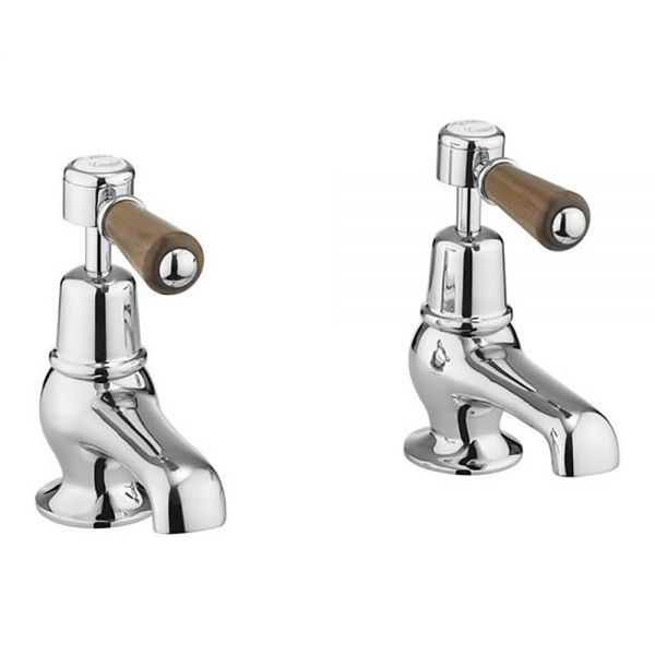 Burlington Kensington Cloakroom Chrome Basin Pillar Taps with Walnut Levers