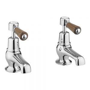 Burlington Kensington Cloakroom Chrome Basin Pillar Taps with Walnut Levers