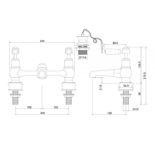 Burlington Kensington Regent Chrome H Type Basin Mixer Tap with Plug and Chain Waste and Walnut Levers #2