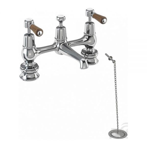 Burlington Kensington Regent Chrome H Type Basin Mixer Tap with Plug and Chain Waste and Walnut Levers