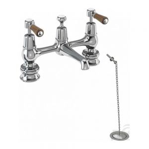 Burlington Kensington Regent Chrome H Type Basin Mixer Tap with Plug and Chain Waste and Walnut Levers