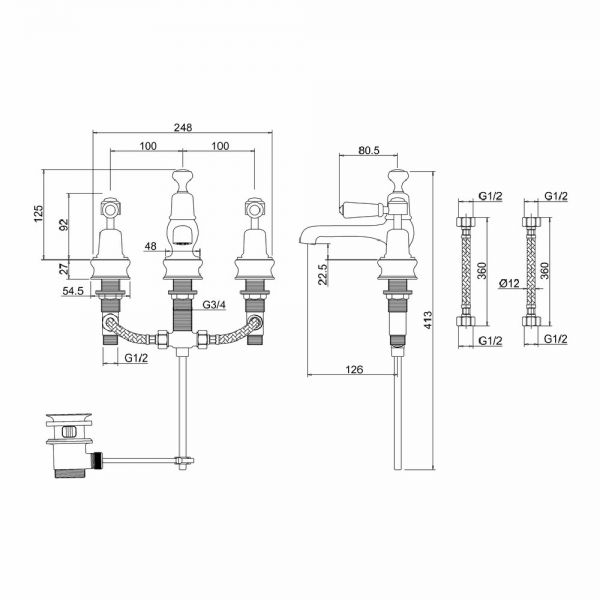 Burlington Kensington Regent Chrome Deck Mounted 3 Hole Basin Mixer Tap with Pop Up Waste #2