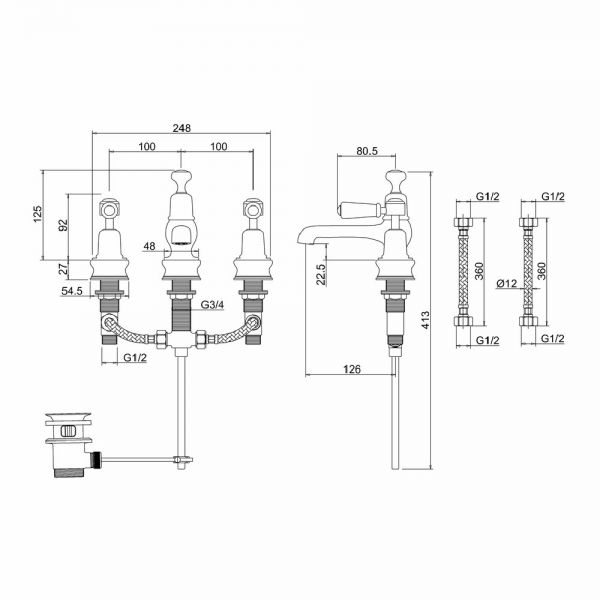 Burlington Kensington Regent Chrome Deck Mounted 3 Hole Basin Mixer Tap with Pop Up Waste and Walnut Levers #2