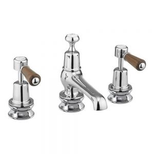 Burlington Kensington Regent Chrome Deck Mounted 3 Hole Basin Mixer Tap with Pop Up Waste and Walnut Levers