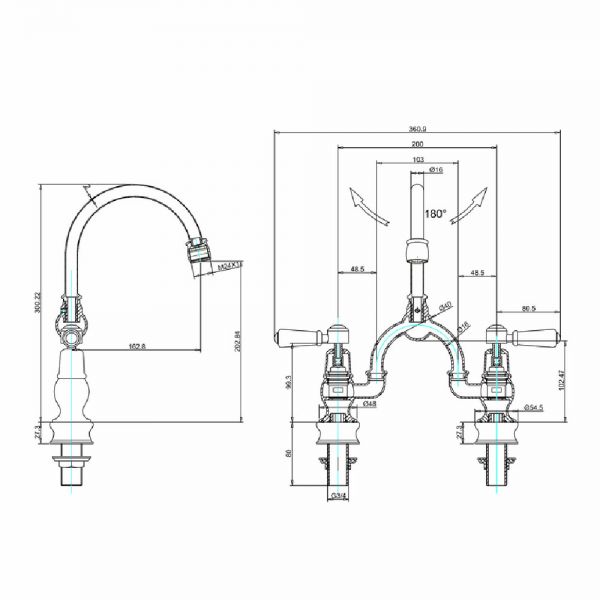 Burlington Kensington Regent Chrome Bridge Basin Mixer Tap with Curved Spout and Walnut Levers #2