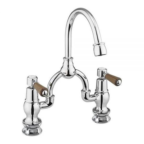 Burlington Kensington Regent Chrome Bridge Basin Mixer Tap with Curved Spout and Walnut Levers
