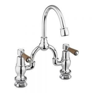 Burlington Kensington Regent Chrome Bridge Basin Mixer Tap with Curved Spout and Walnut Levers