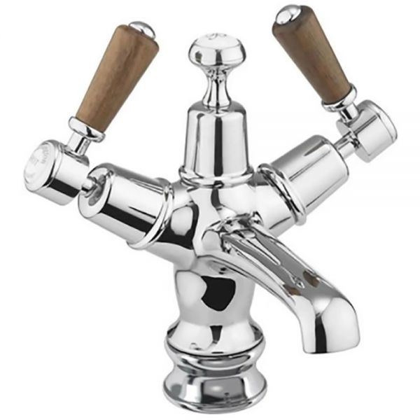 Burlington Kensington Regent Chrome Mono Basin Mixer Tap with Pop Up Waste and Walnut Levers