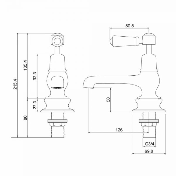 Burlington Kensington Regent Chrome Bath Pillar Taps with Walnut Levers #2