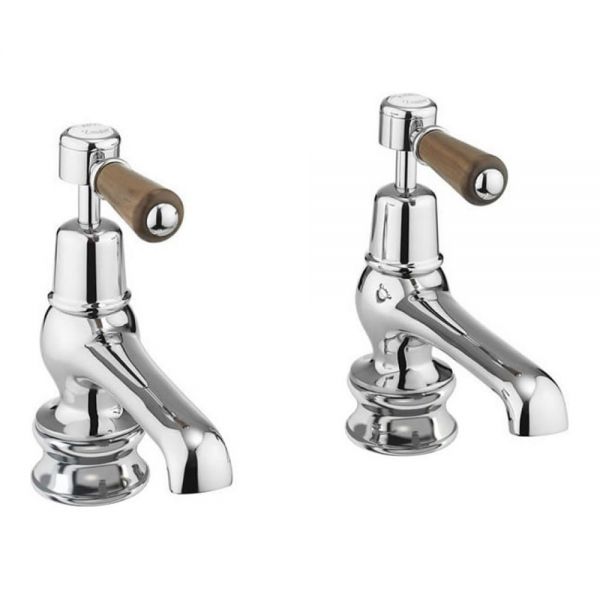 Burlington Kensington Regent Chrome Bath Pillar Taps with Walnut Levers