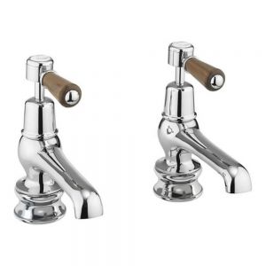 Burlington Kensington Regent Chrome Bath Pillar Taps with Walnut Levers